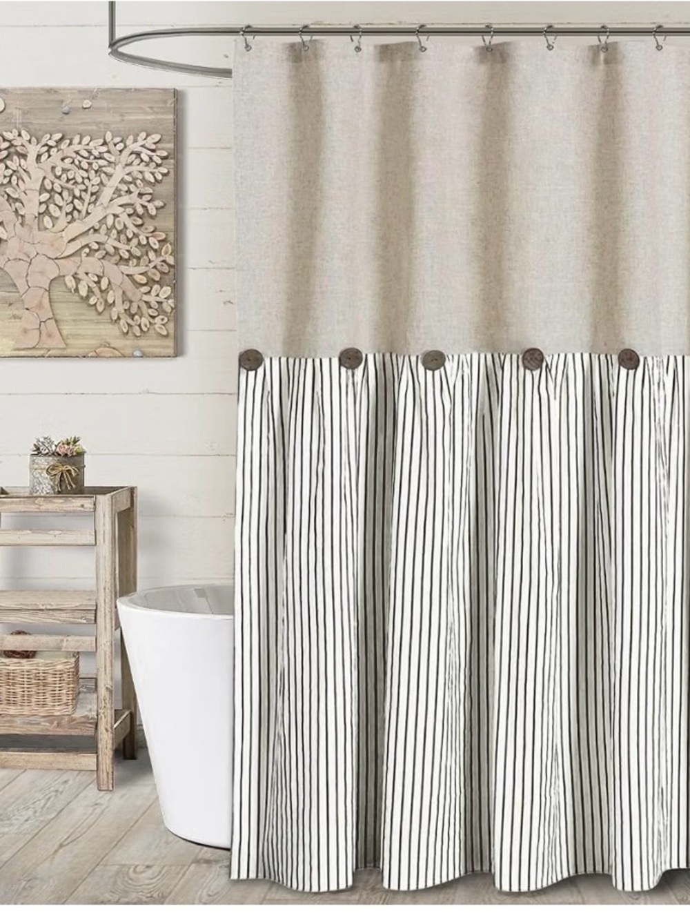 Farmhouse shower curtain with button accent